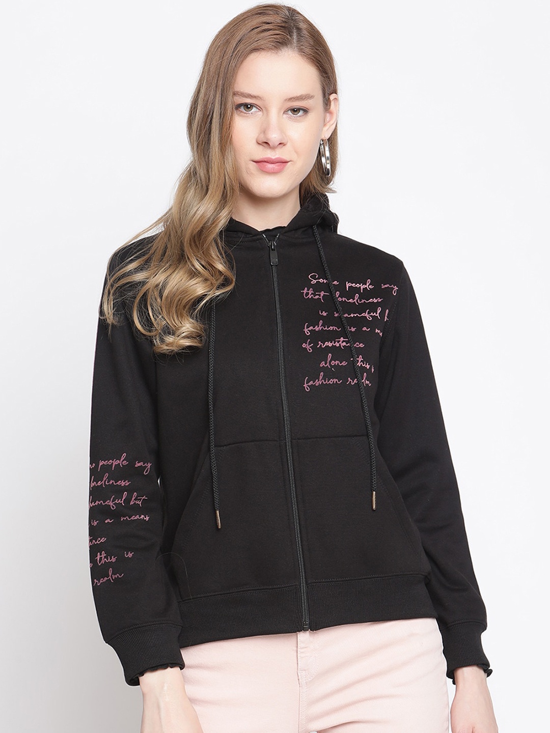 

Madame Women Black Printed Hooded Sweatshirt