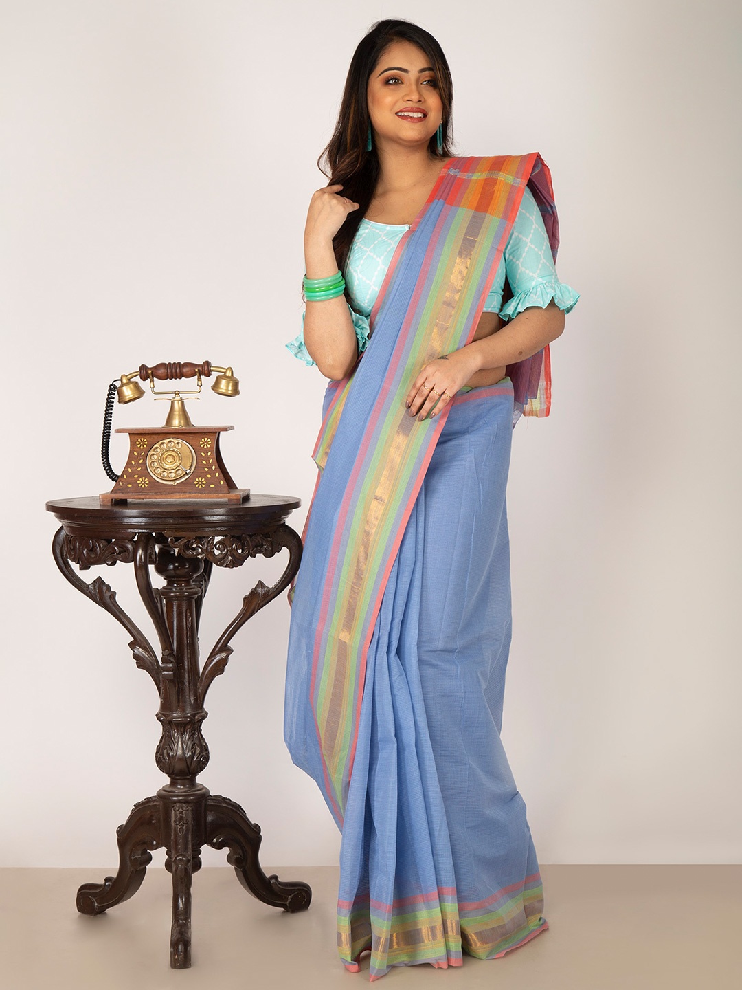

Unnati Silks Women Blue & Green Pure Pavani Mangalagiri Cotton Sustainable Saree