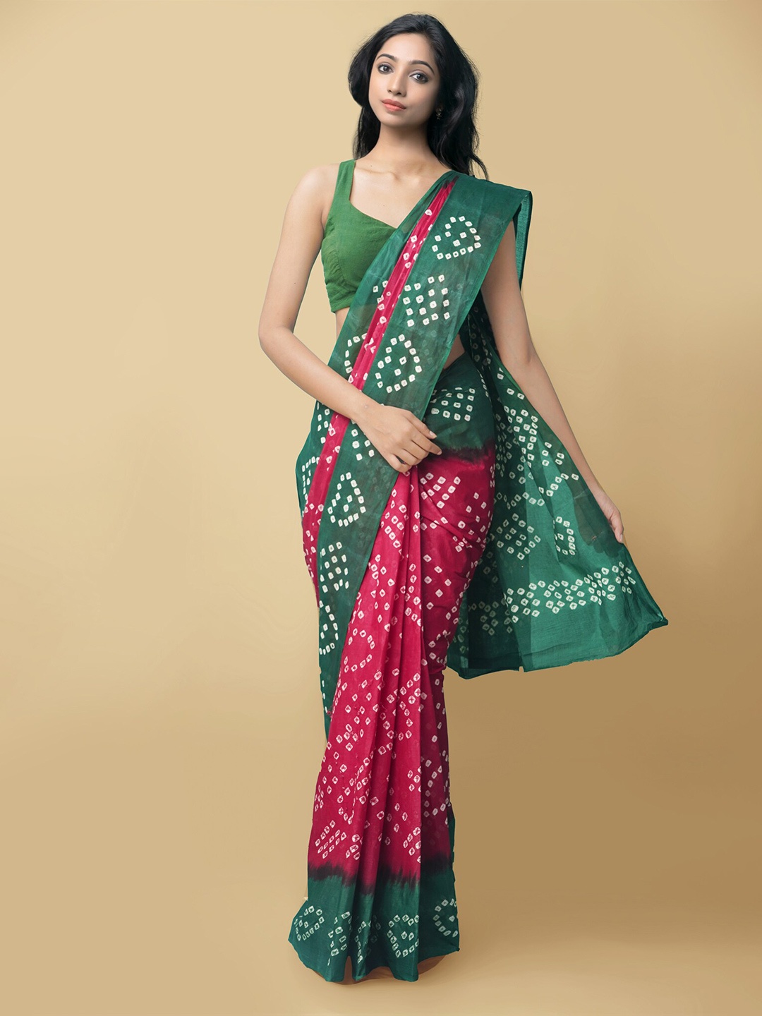 

Unnati Silks Maroon & Green Bandhani Pre Cotton Saree