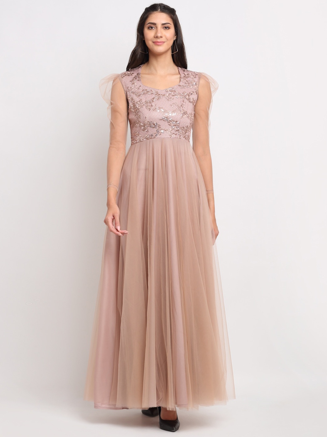 

Just Wow Beige Floral Embroidered Netted Maxi Dress