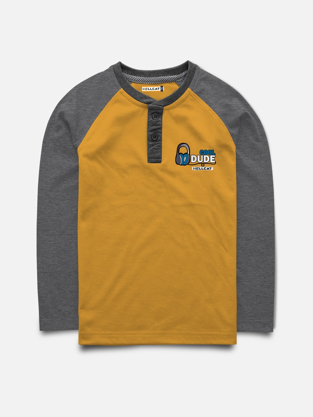 

HELLCAT Boys Mustard Yellow Henley Neck Applique T-shirt