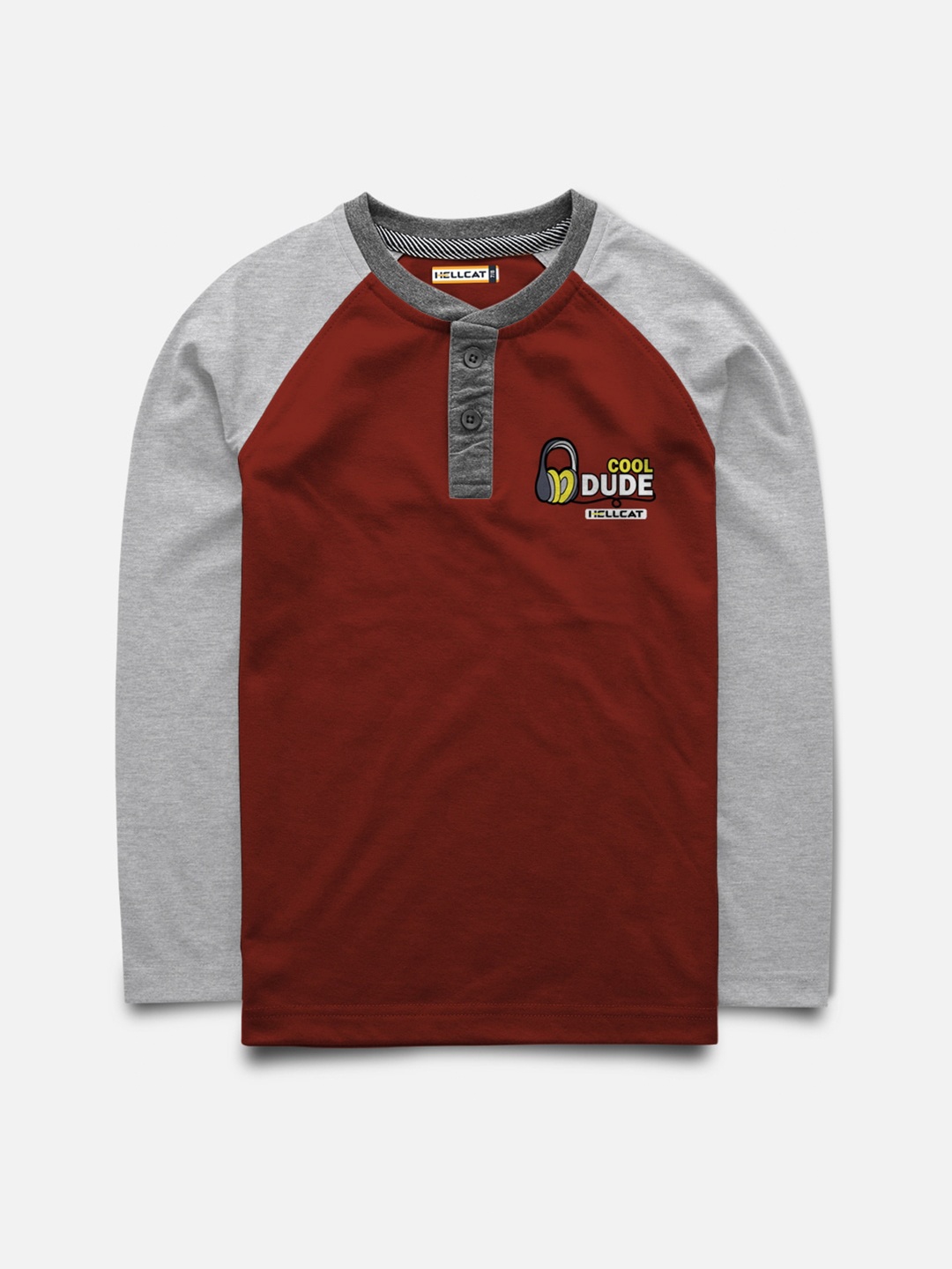 

HELLCAT Boys Maroon Henley Neck Applique T-shirt