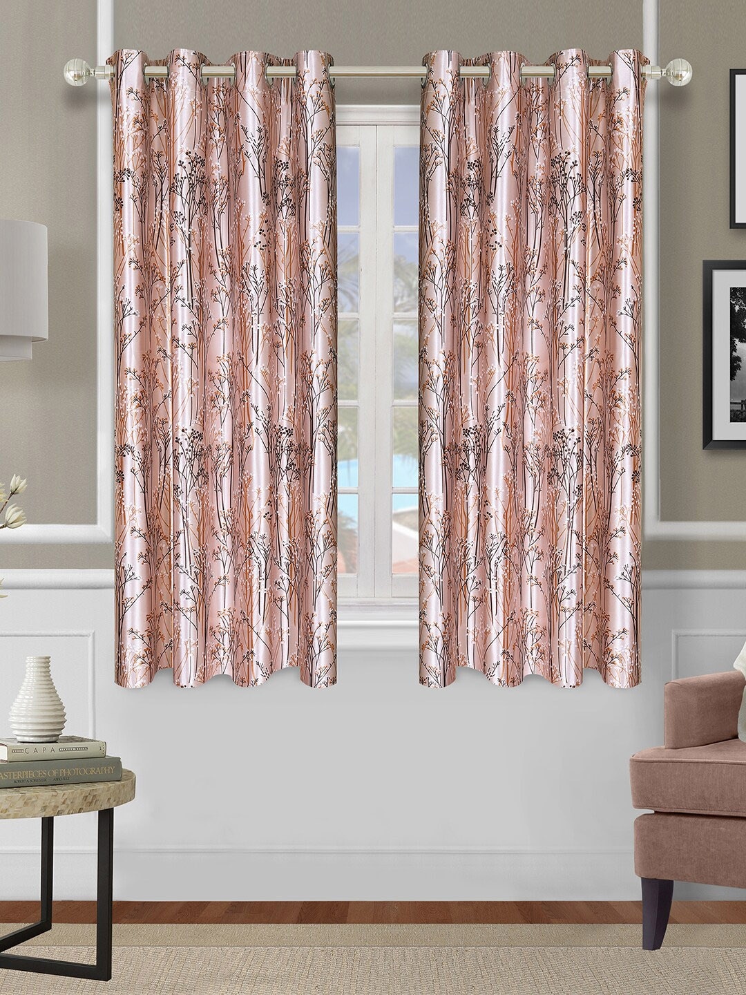 

ROMEE Beige & Brown Set of 2 Floral Room Darkening Window Curtain