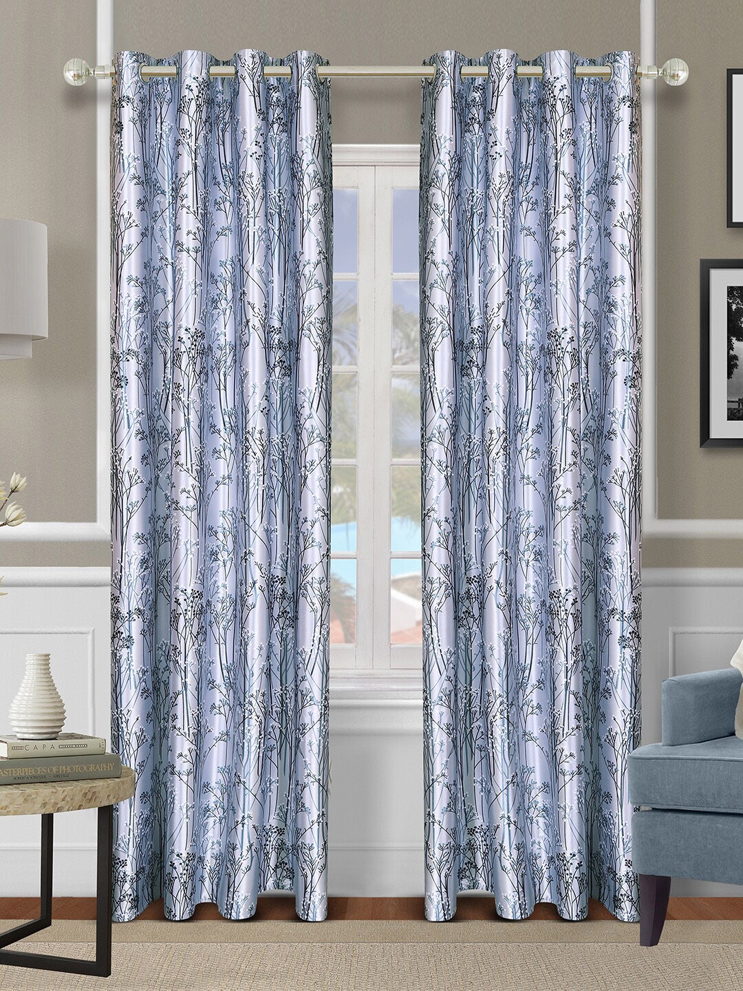 

ROMEE Blue & Black Set of 2 Floral Room Darkening Door Curtain