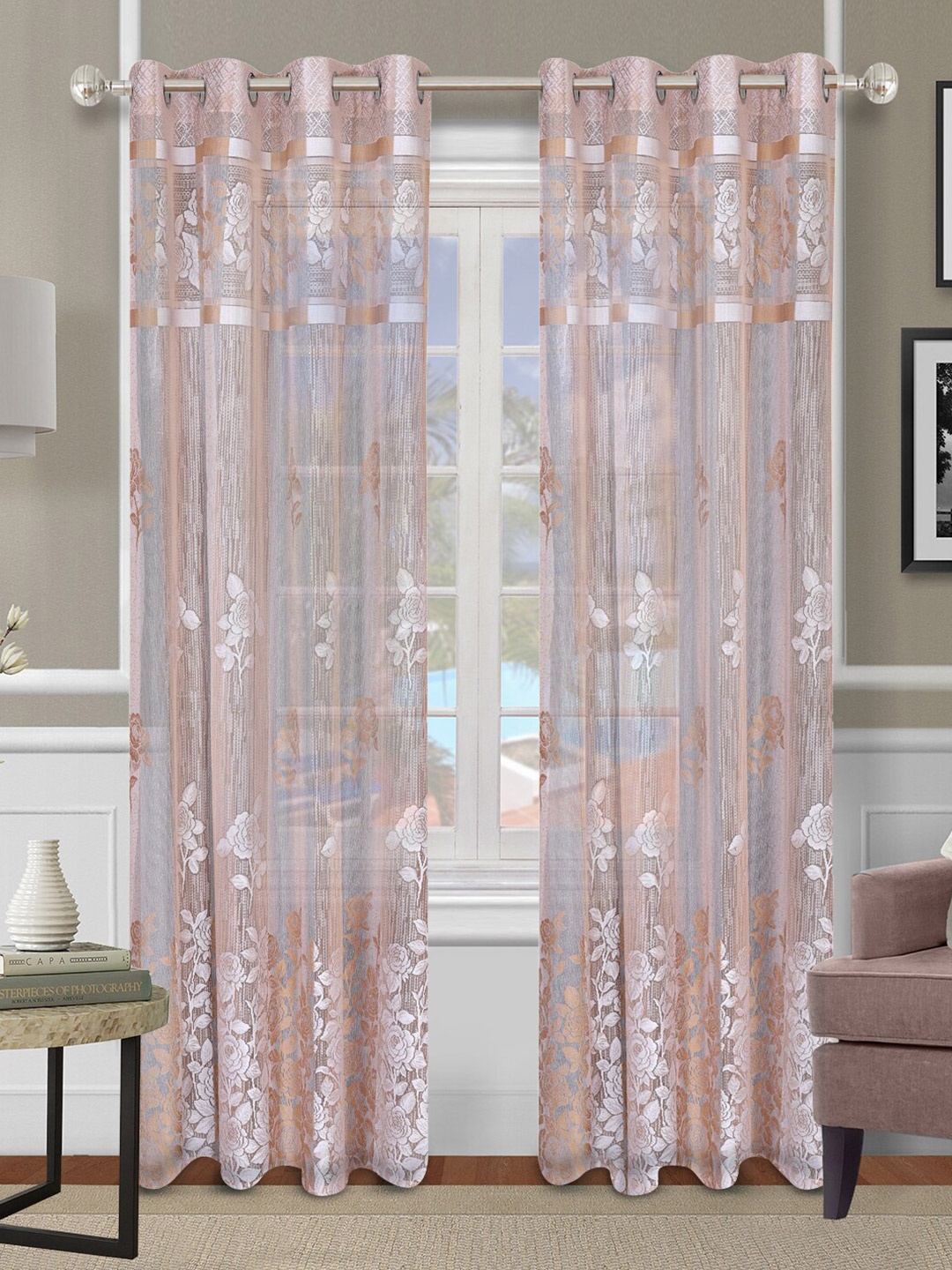 

ROMEE Silver-Toned Set of 2 Floral Sheer Long Door Curtain