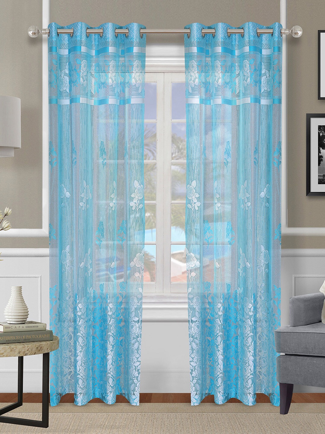 

ROMEE Blue & Silver-Toned Set of 2 Floral Sheer Door Curtain