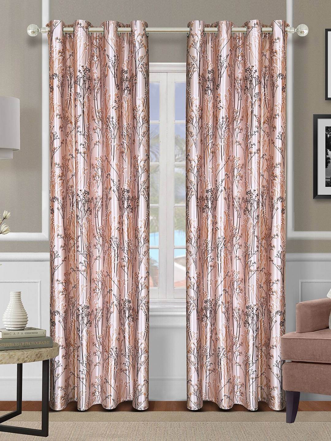 

ROMEE Beige & Black Set of 2 Floral Room Darkening Long Door Curtain