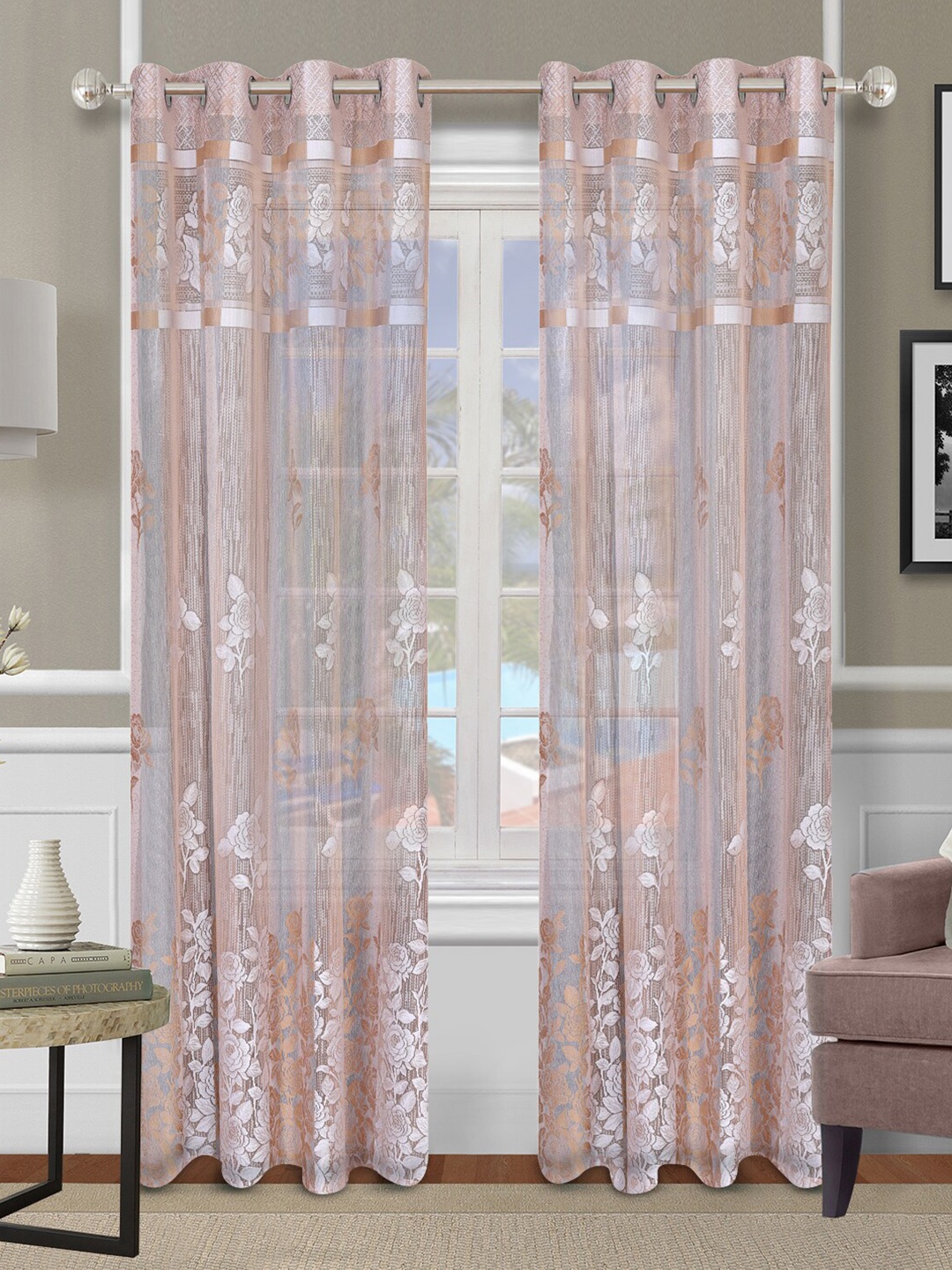 

ROMEE Silver-Toned & Beige Set of 2 Floral Sheer Door Curtain