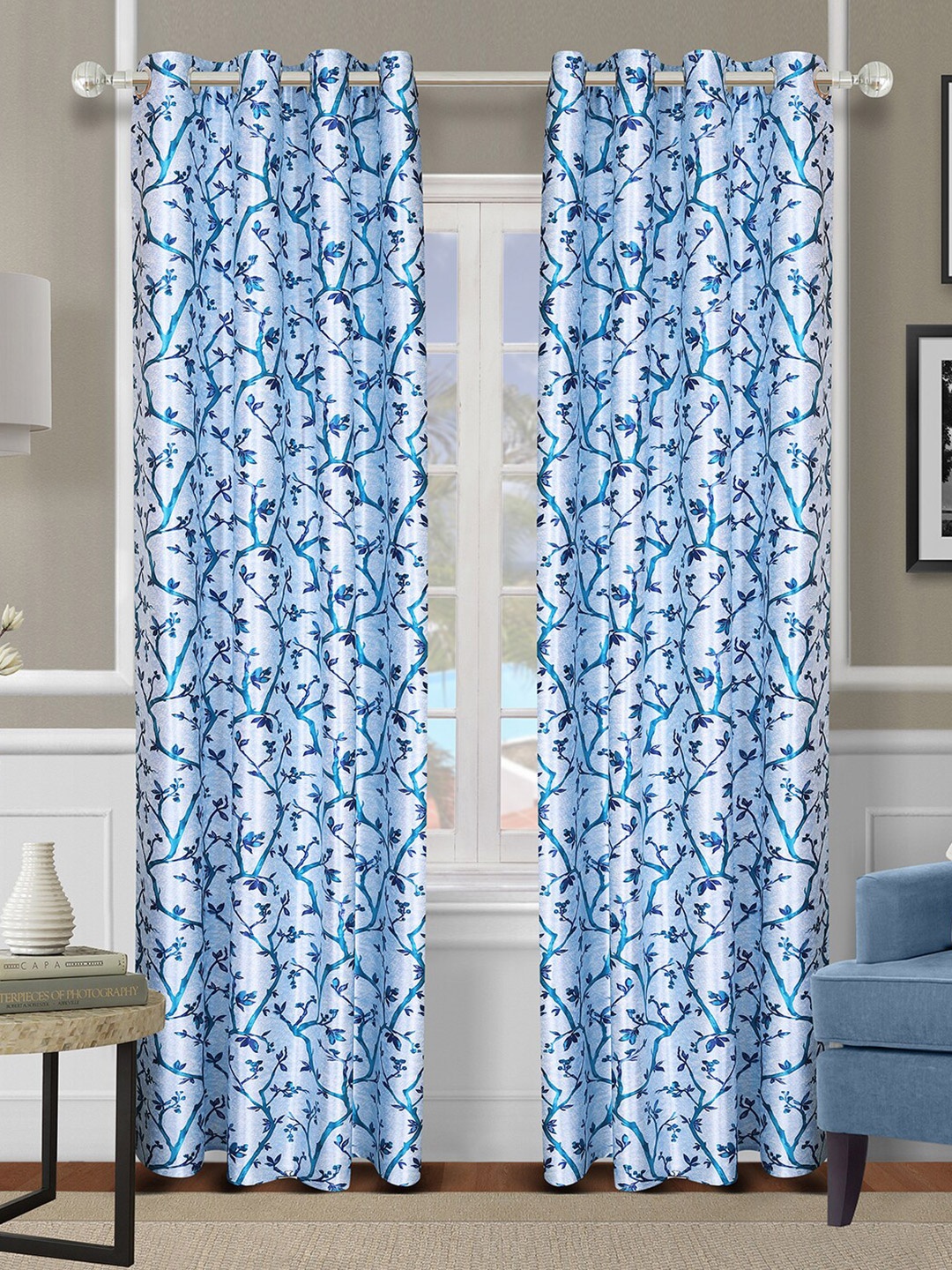 

ROMEE Blue & Off White Set of 2 Floral Room Darkening Long Door Curtain