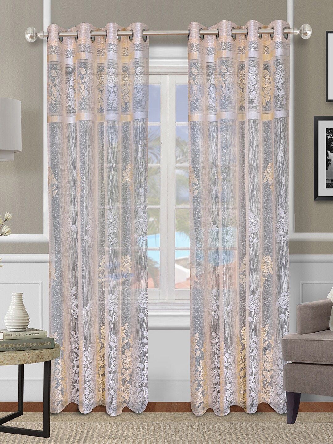 

ROMEE Peach-Coloured & Silver-Toned Set of 2 Floral Sheer Door Curtain