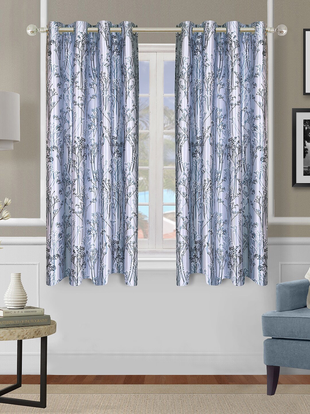 

ROMEE Blue & Black Set Of 2 Floral Room Darkening Window Curtains