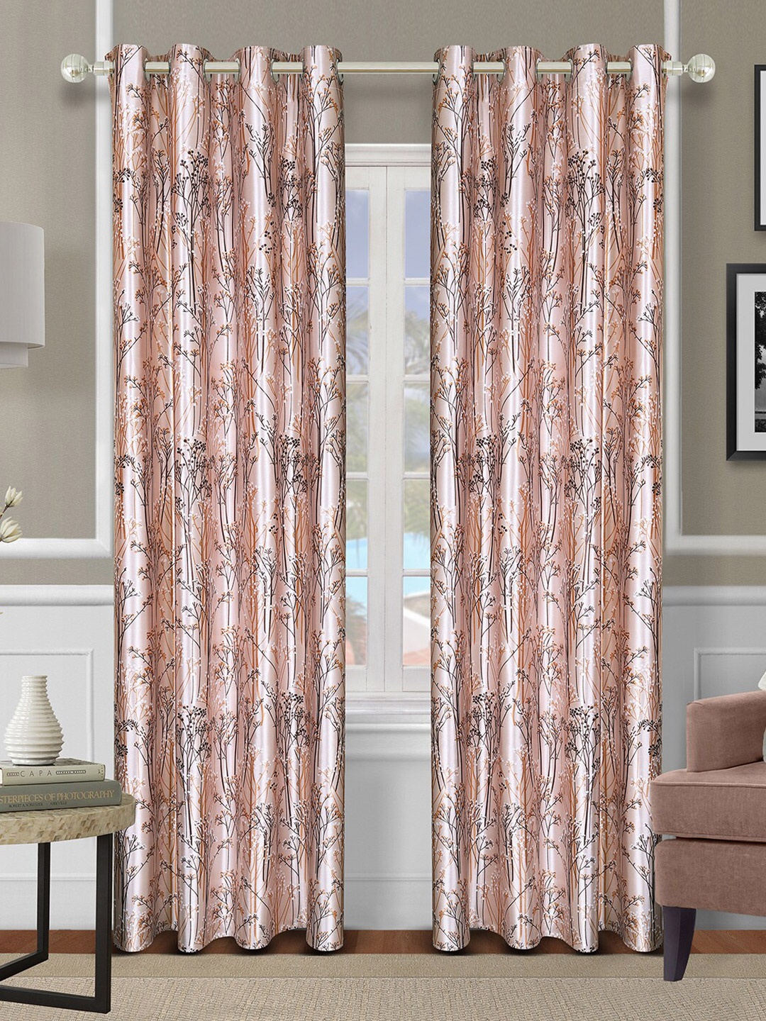 

ROMEE Set of 2 Beige & Orange Floral Room Darkening Door Curtains