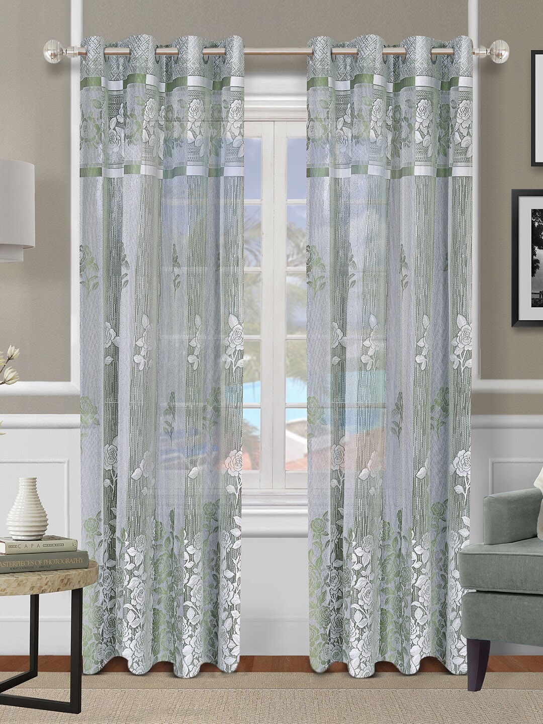 

ROMEE Silver-Toned & Green Set of 2 Floral Sheer Long Door Curtain