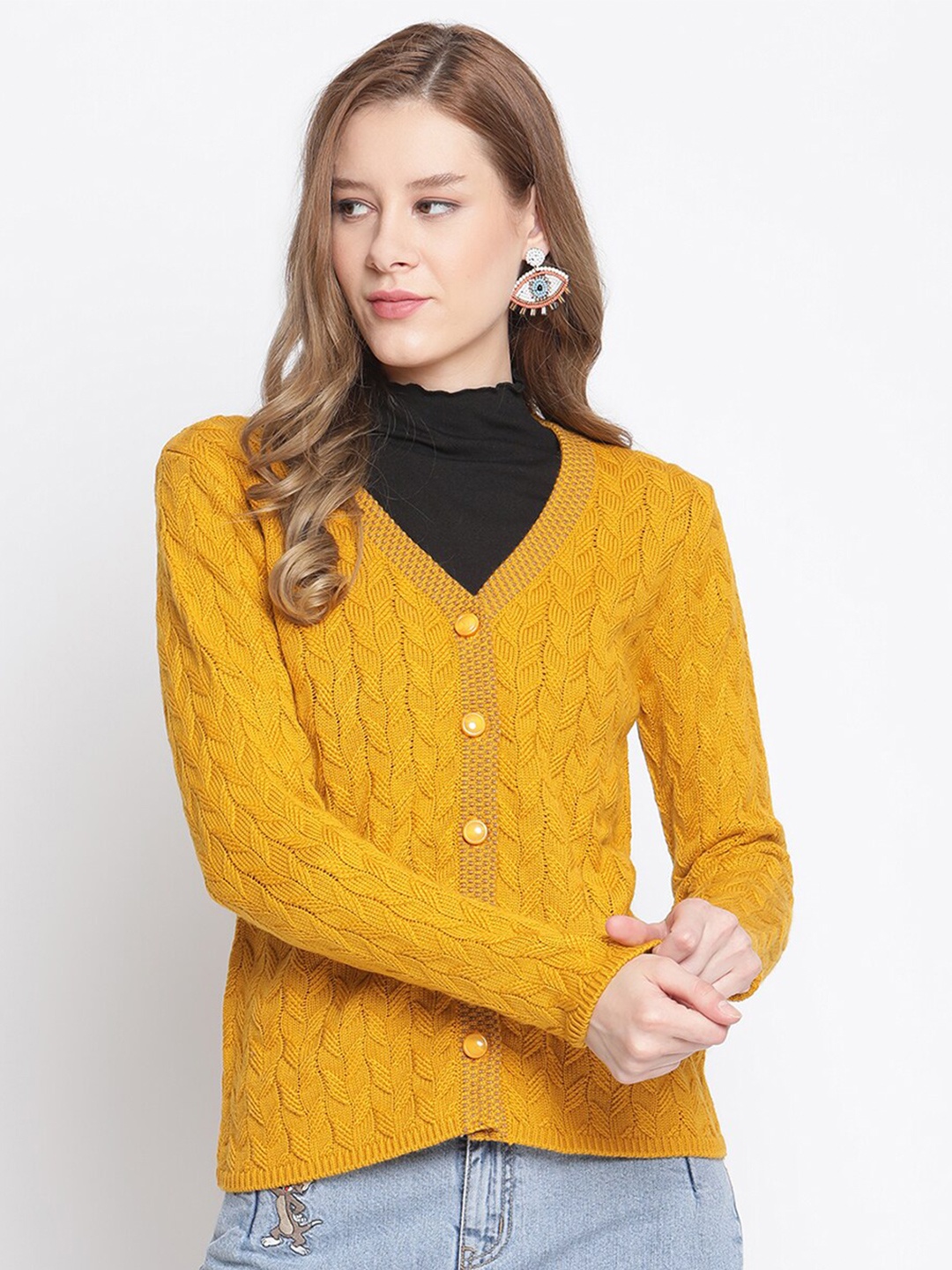

Madame Women Mustard Cable Knit Cardigan