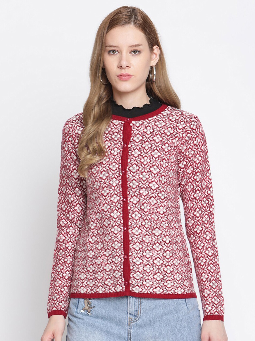 

Madame Women Maroon & White Ethnic Motifs Cardigan Sweater