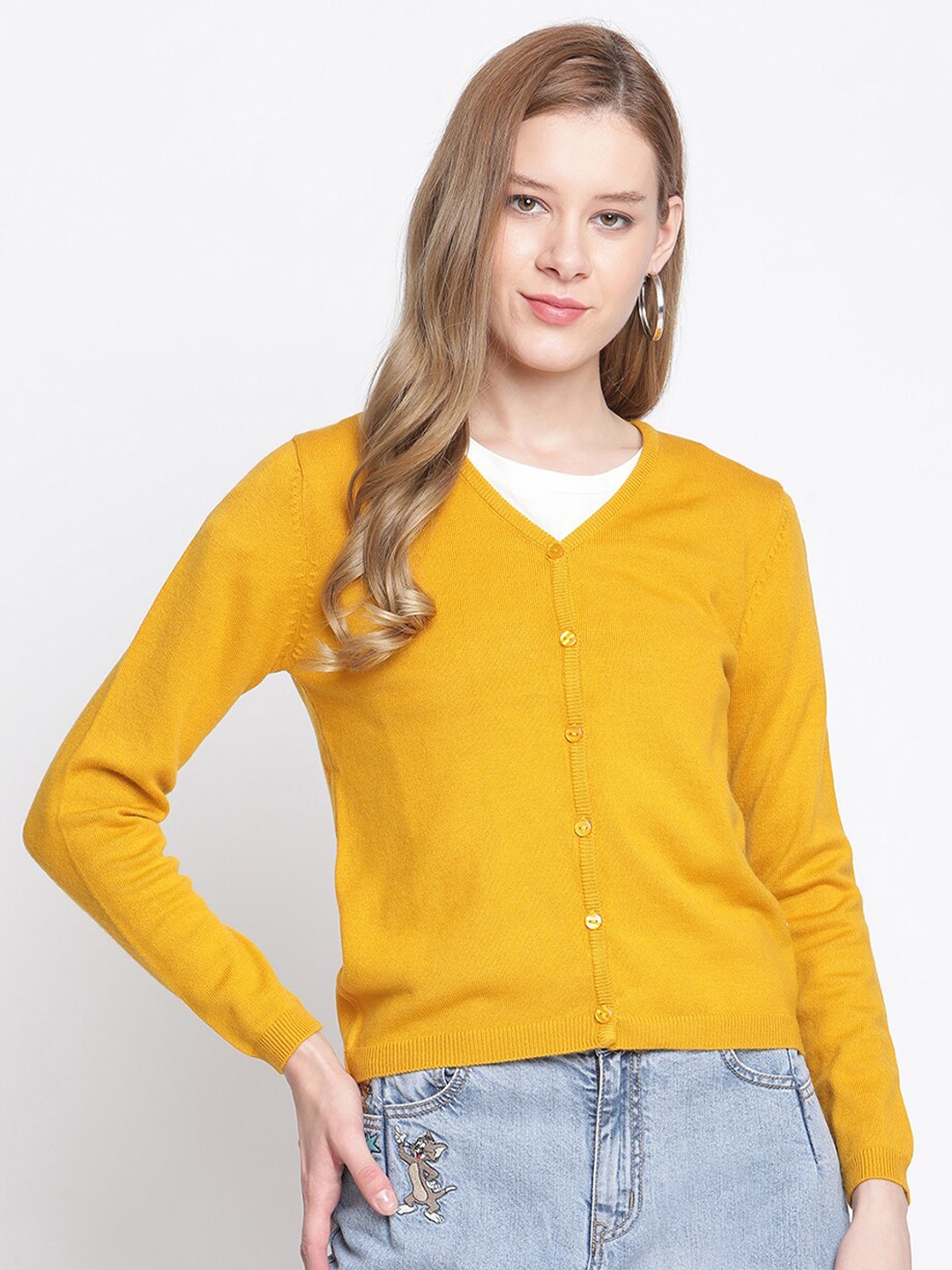 

Madame Women Mustard Woolen Solid Cardigan