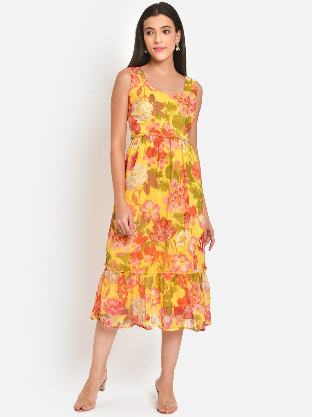 

Martini Yellow Floral Chiffon Midi Dress