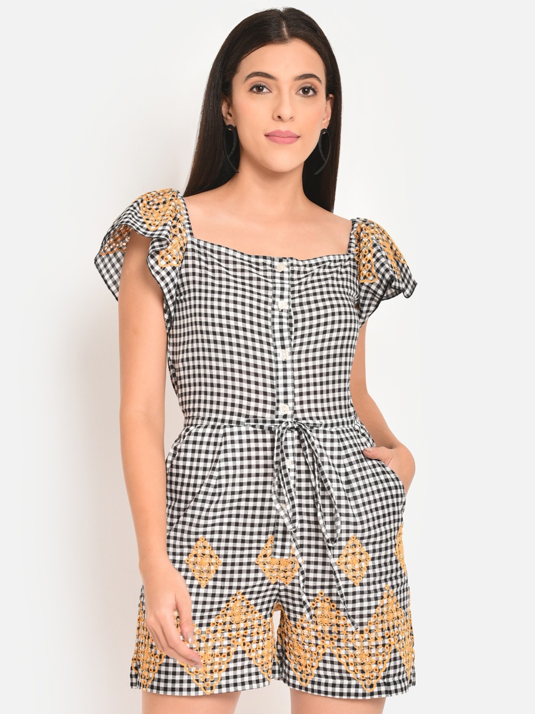 

Martini Black & White Checked Embroidered Pure Cotton Playsuit