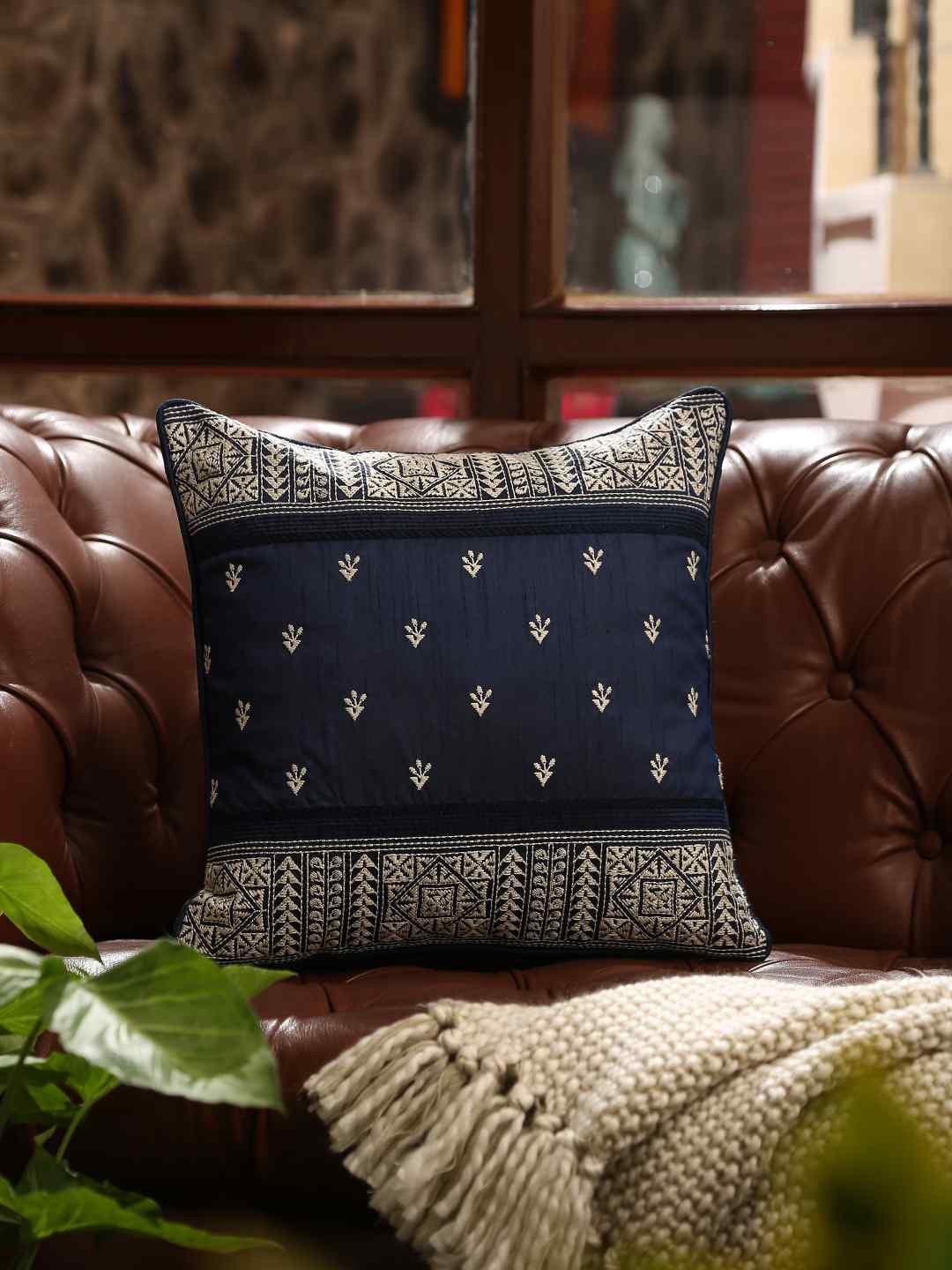 

Amoliconcepts Navy Blue Kantha Embroidered Square Cushion Cover