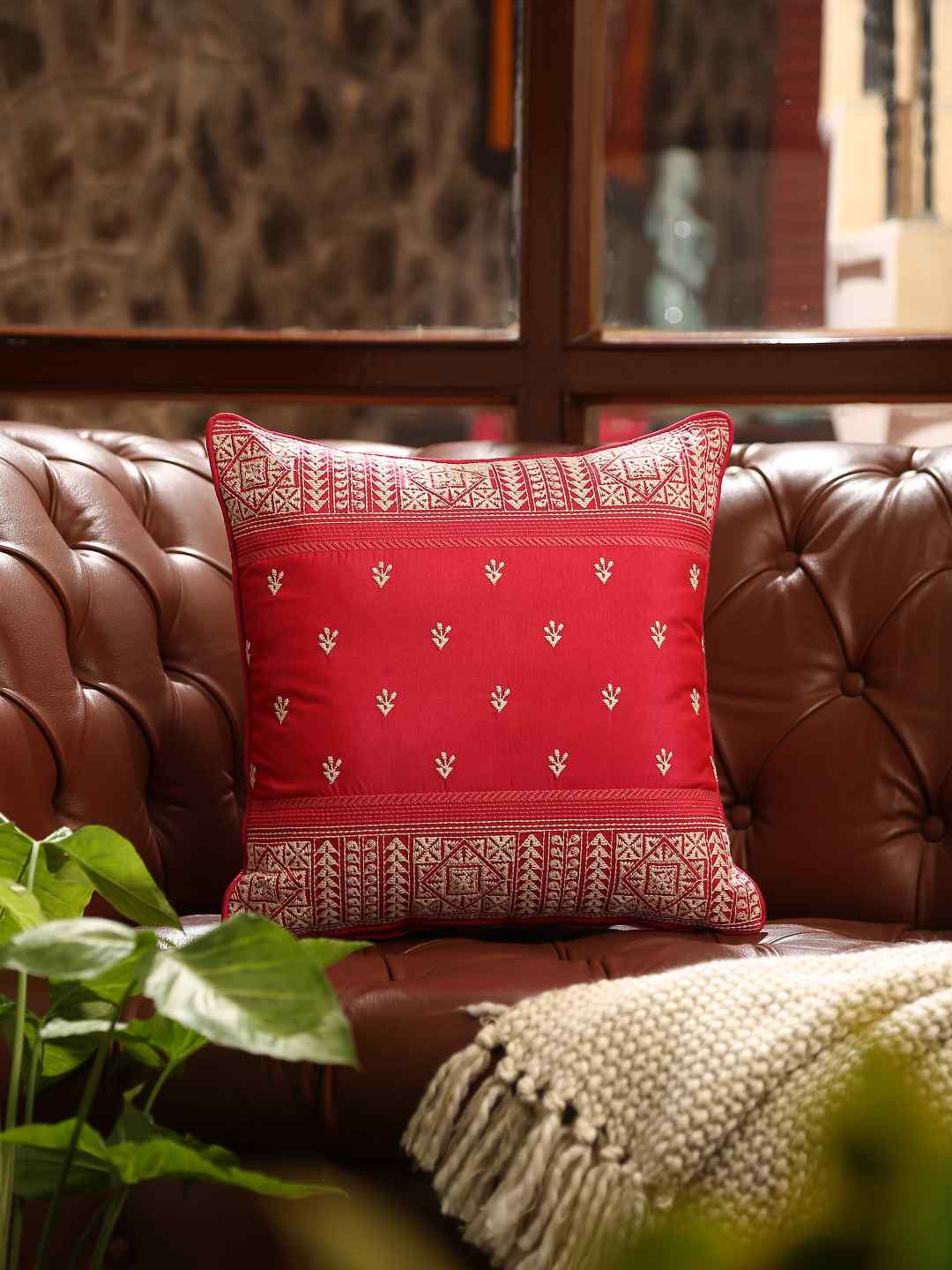 

Amoliconcepts Red & Beige Embroidered Square Cushion Covers