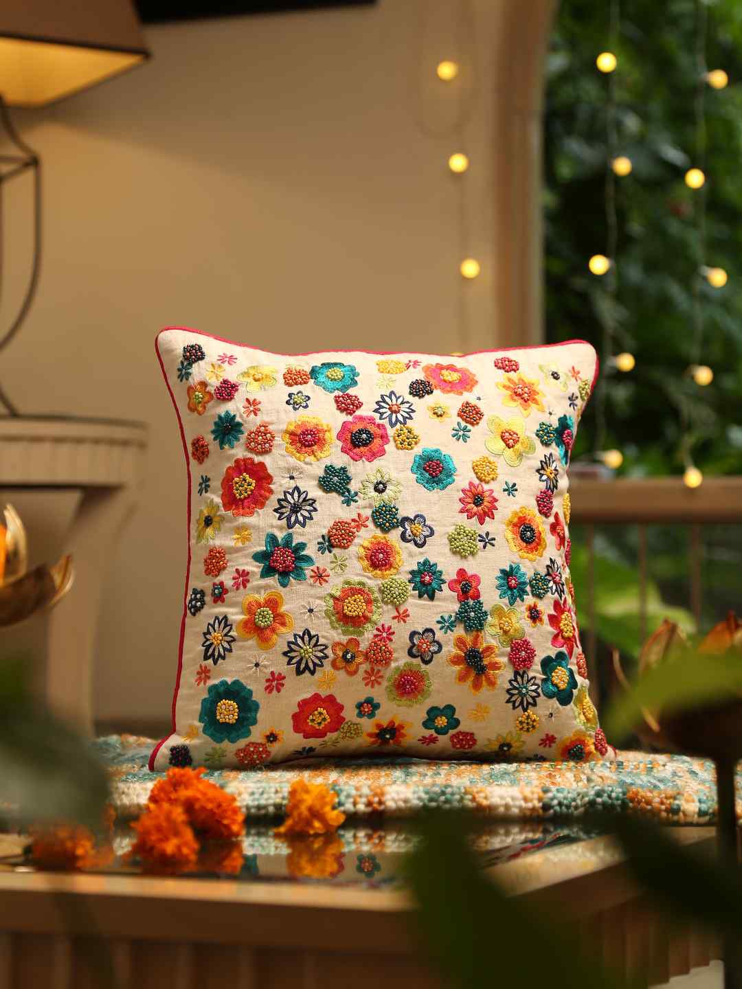 

Amoliconcepts Beige & Yellow Floral Square Cushion Cover