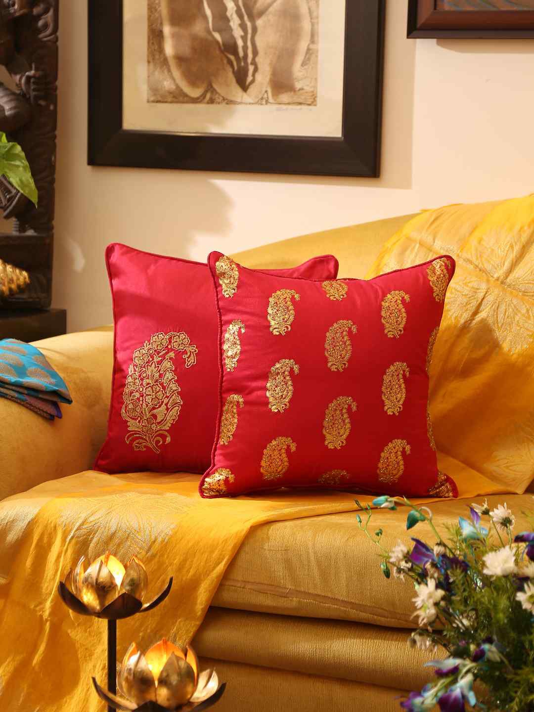 

Amoliconcepts Red & Gold-Toned Set of 2 Ethnic Motifs Square Cushion Covers