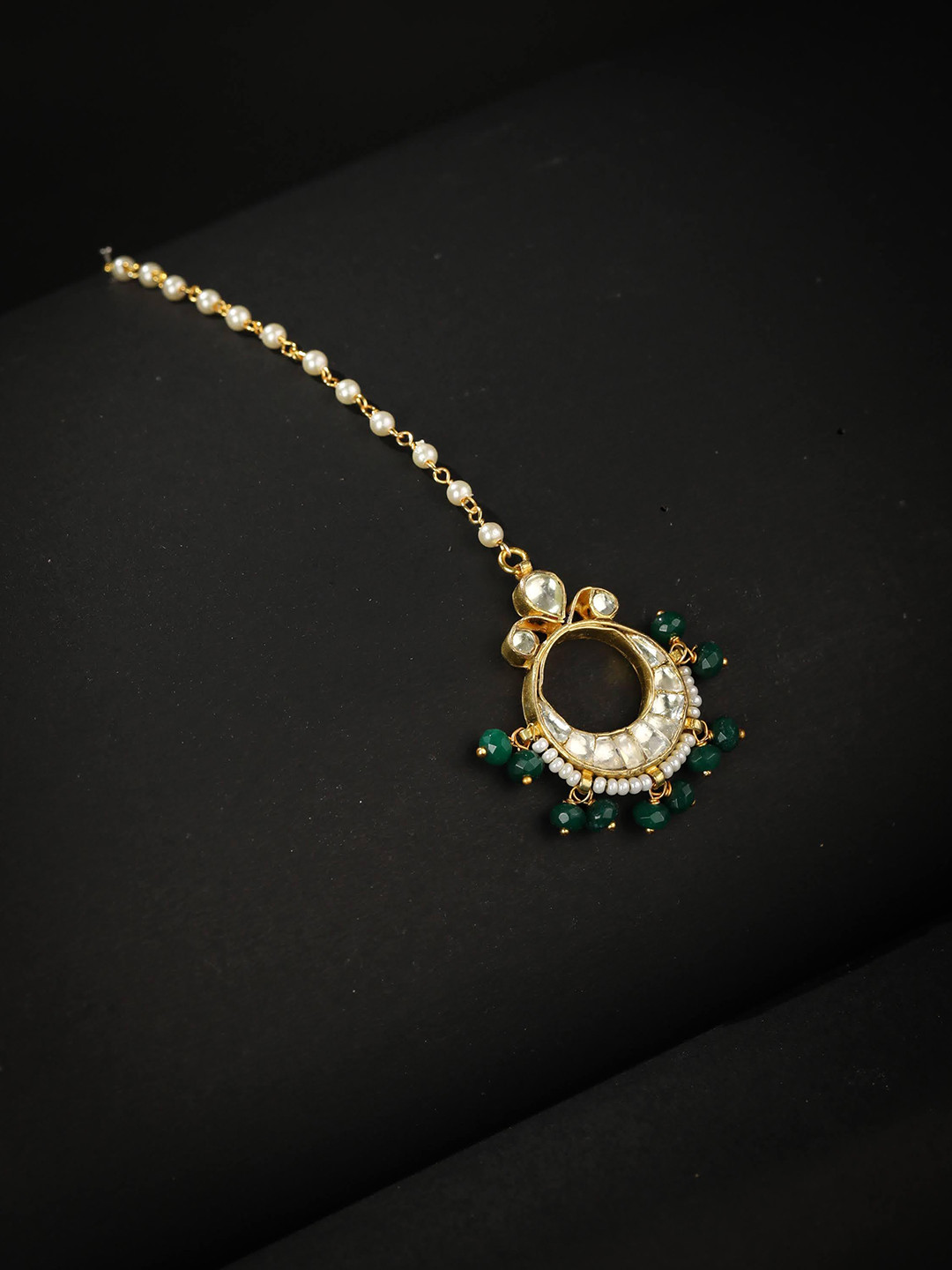 

Priyaasi Gold-Plated White & Green Kundan Studded Beaded Maang Tikka