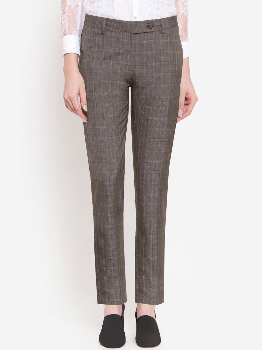 

Martini Women Grey Checked Straight Fit Easy Wash Formal Trousers
