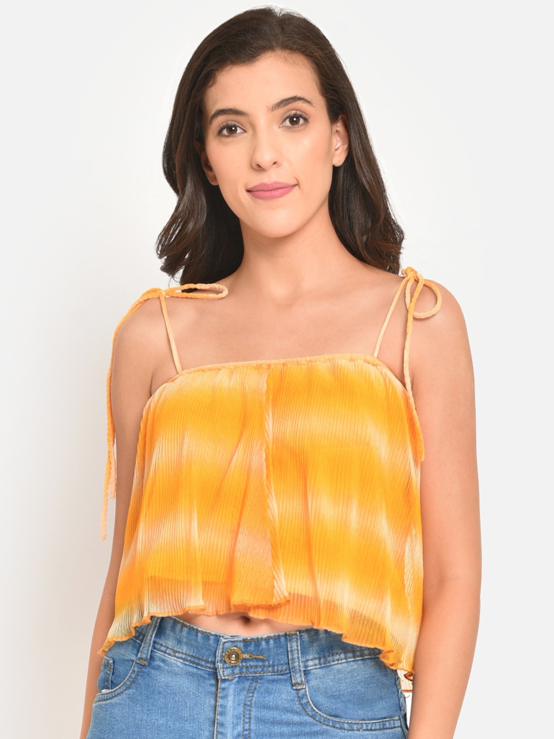 

Martini Yellow Tie and Dye Accordion Pleats Net A-Line Crop Top