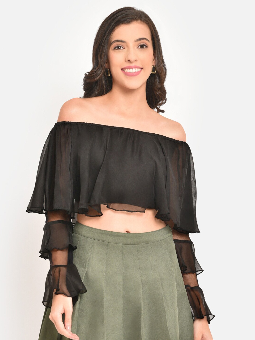 

Martini Black Off-Shoulder Ruffles Chiffon Bardot Crop Top