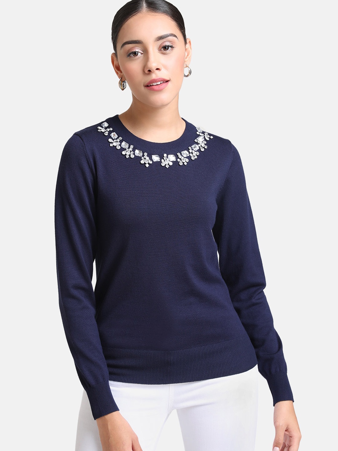 

Kazo Women Navy Blue & White Pullover with Embellished Detail