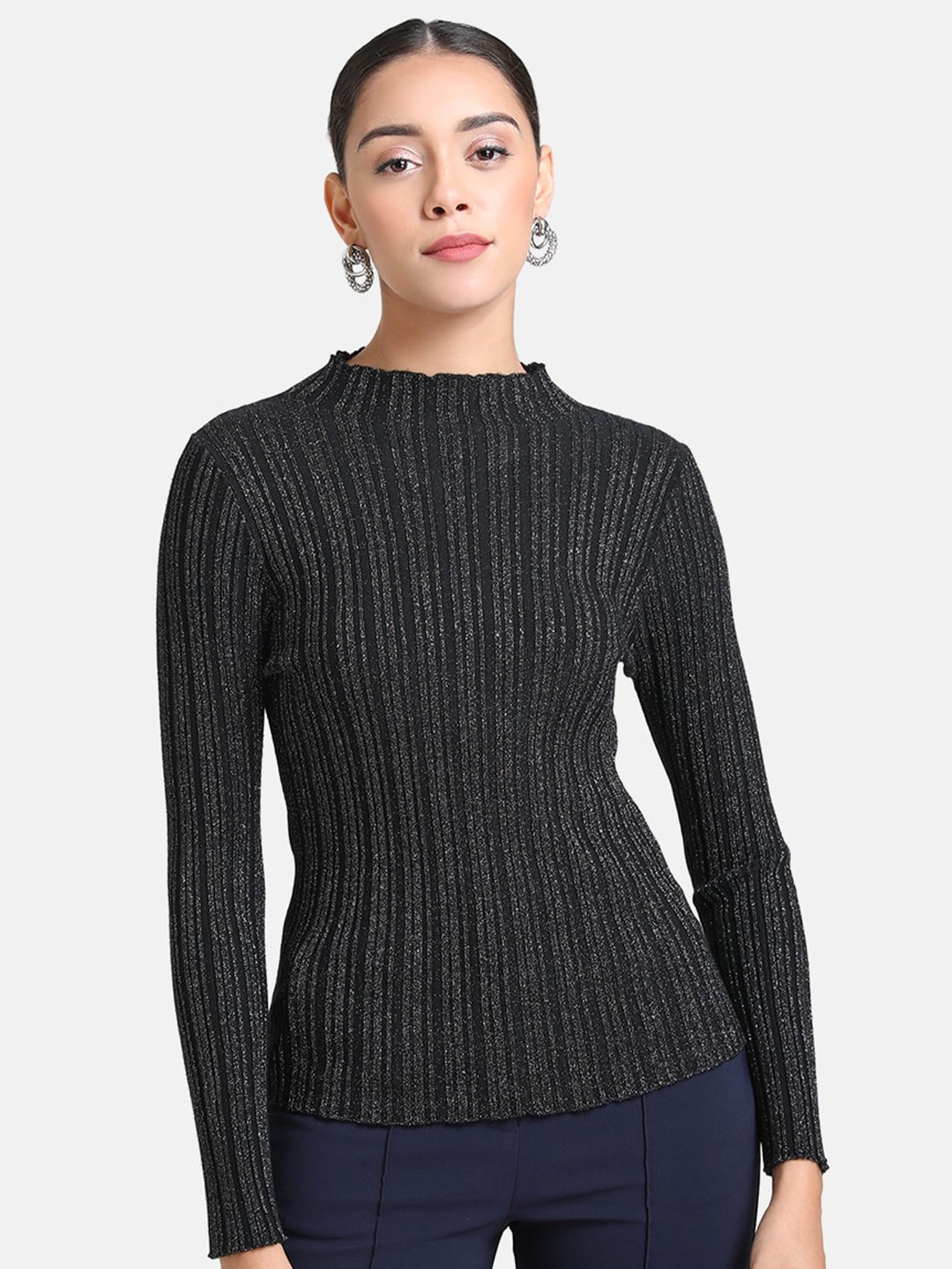 

Kazo Women Black Ribbed Pullover