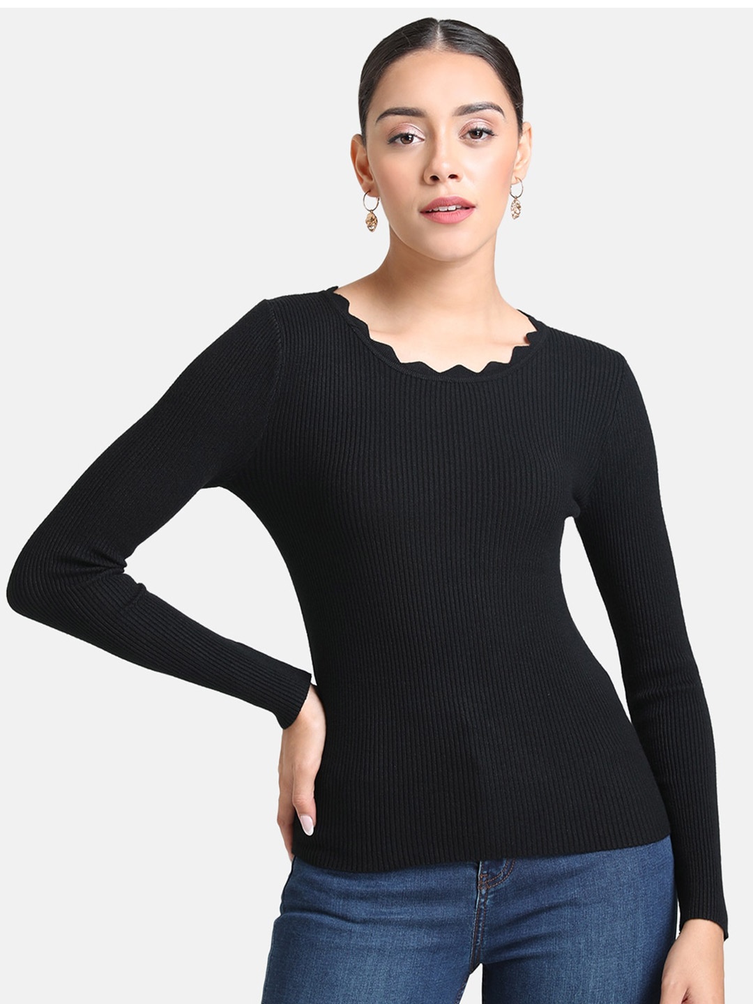 

Kazo Women Black Scalloped Neck Ribbed Pullover