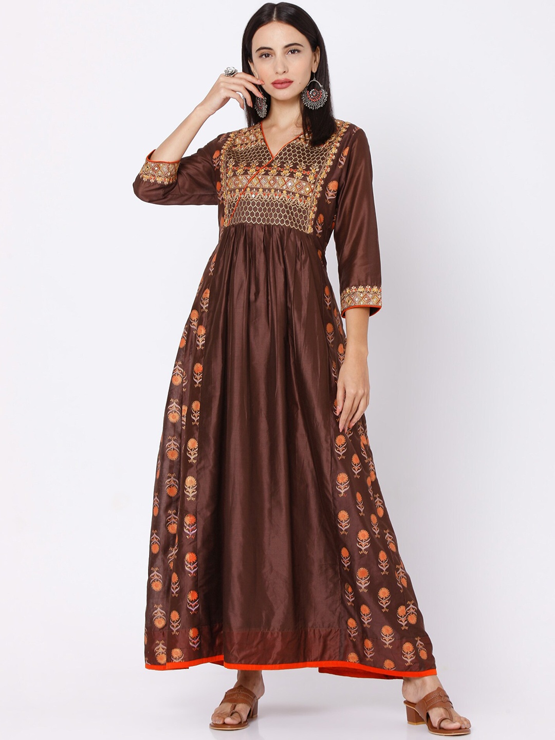 

Ojas Designs Brown Ethnic Motifs Printed & Embroidered Maxi Dress