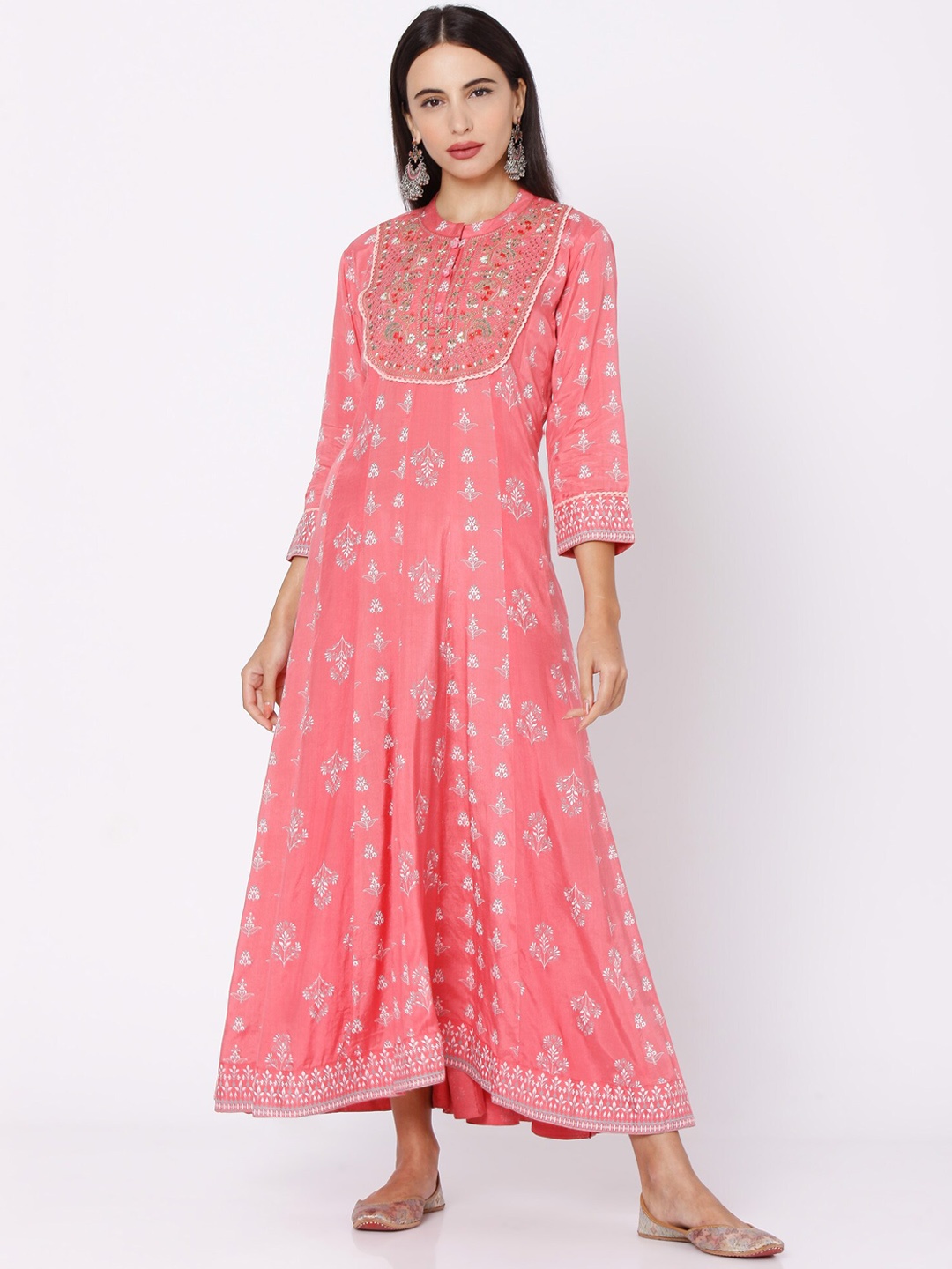 

Ojas Designs Peach-Coloured & White Ethnic Motifs Maxi Silk Dress