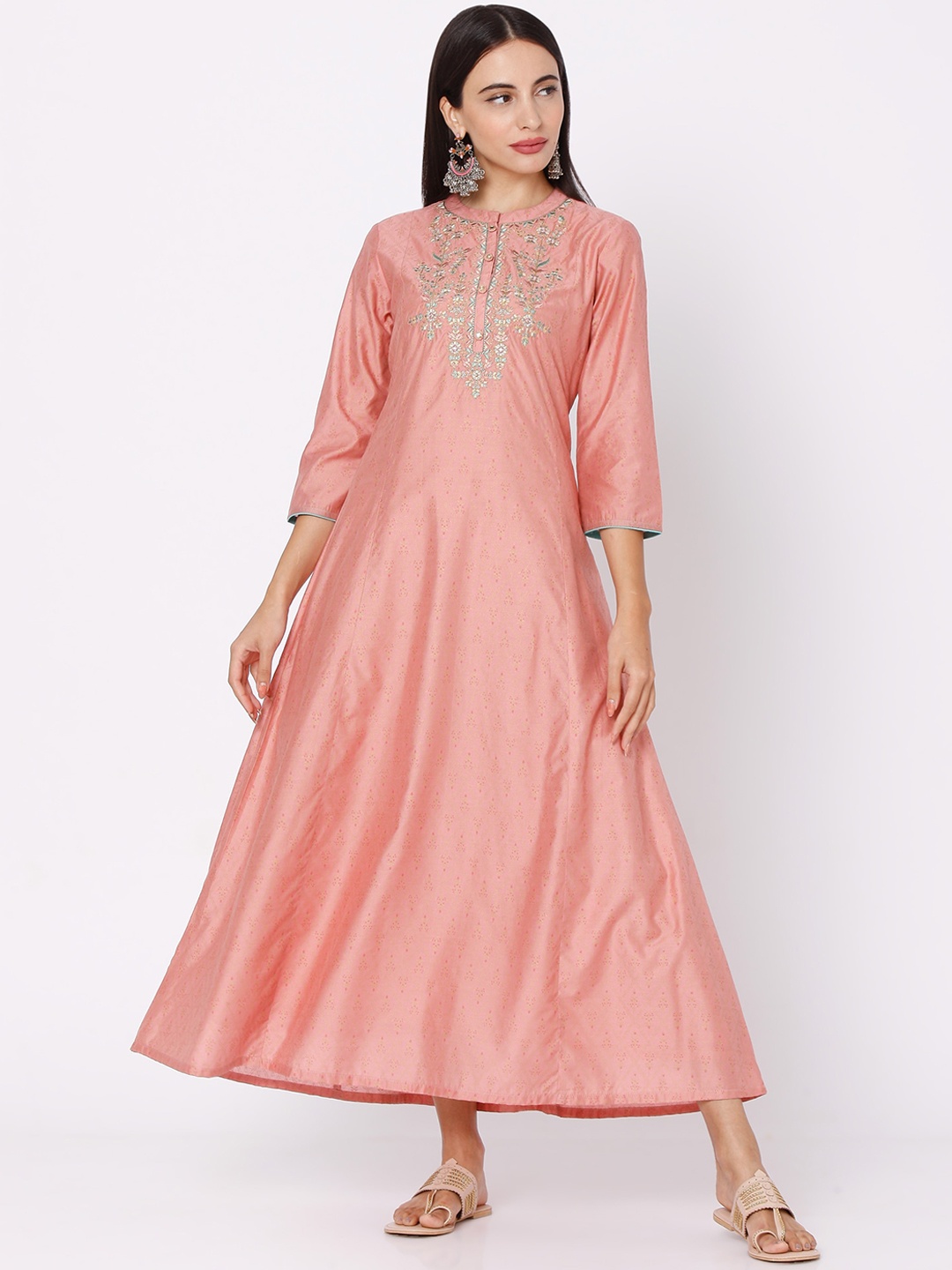 

Ojas Designs Peach-Coloured Floral Embroidered A-Line Midi Dress