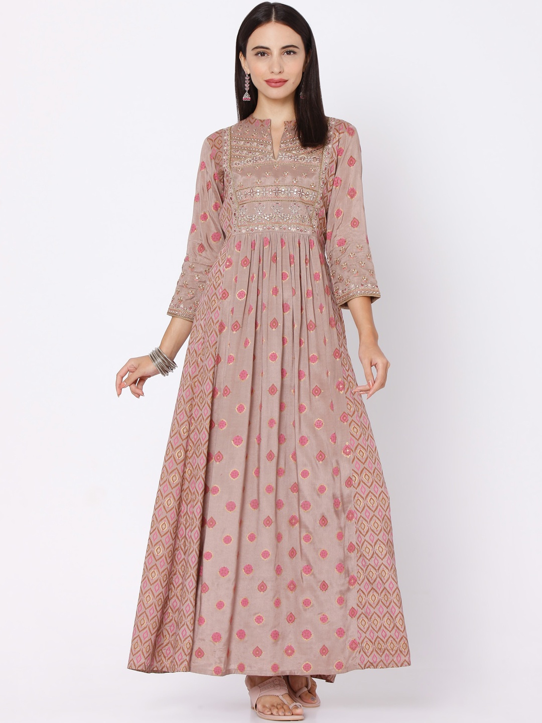 

Ojas Designs Beige Ethnic Motifs Printed Maxi Dress