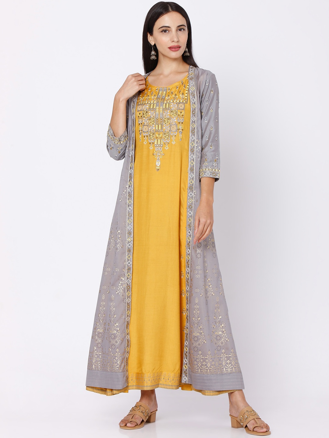 

Ojas Designs Yellow & Grey Floral Ethnic Maxi Dress