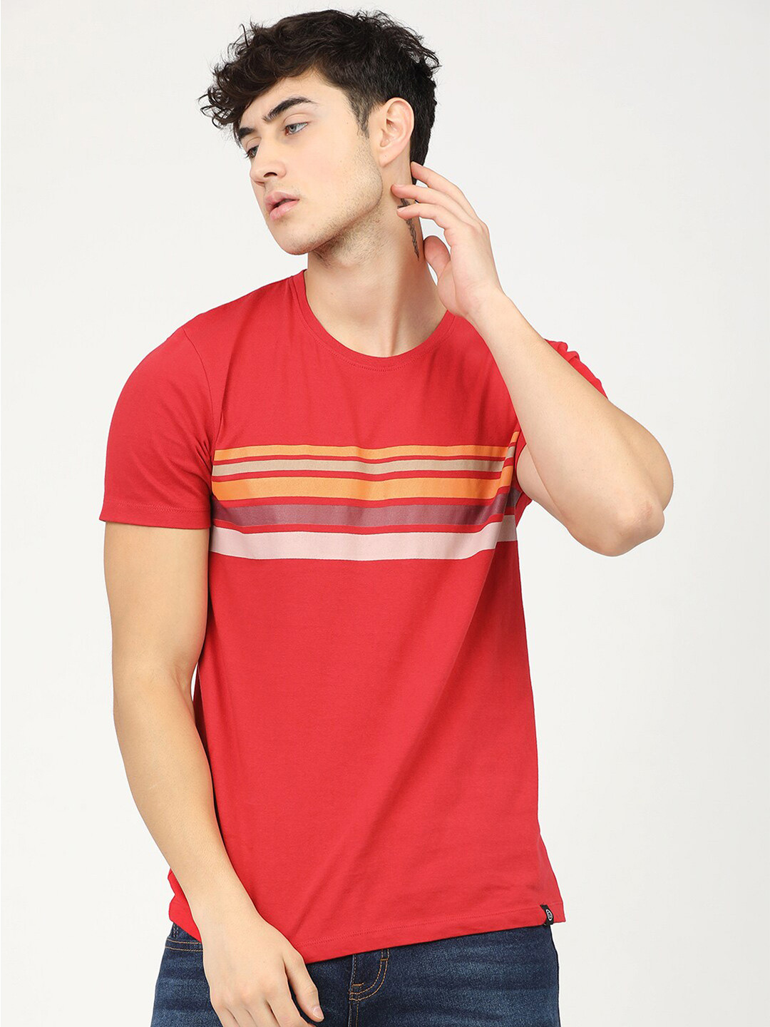 

LOCOMOTIVE Men Red Striped Slim Fit T-shirt