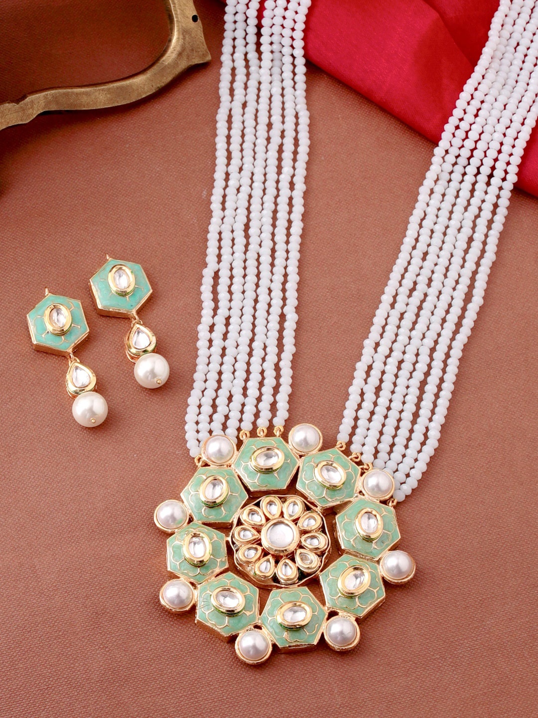 

THE AAB STUDIO 24K Gold Plated Pastel Green & White Kundan Studded Jewellery Set