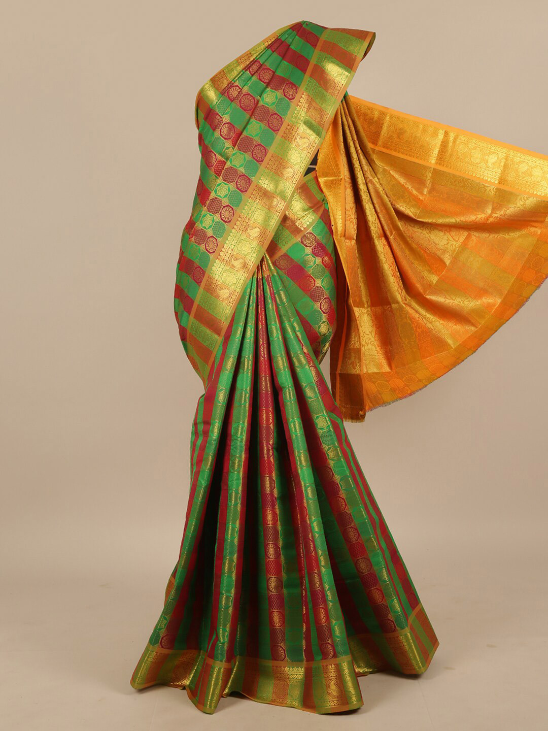 

Pothys Green & Red Ethnic Motifs Art Silk Saree