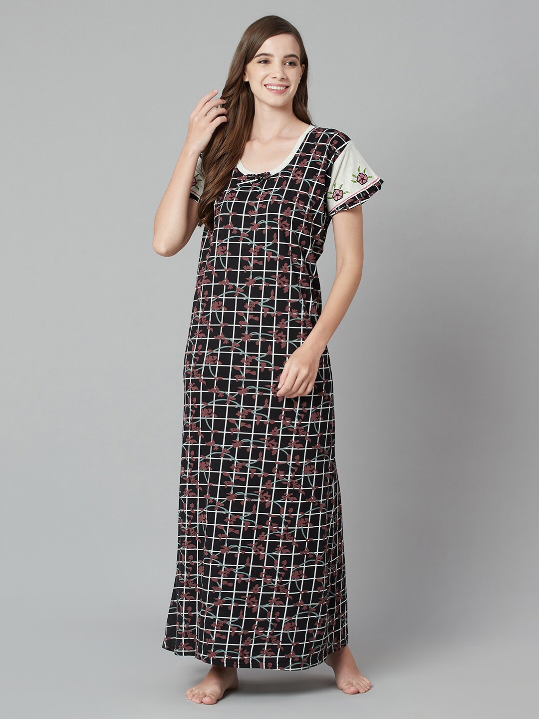 

TRUNDZ Women Black Organic Cotton Printed Maxi Nightdress