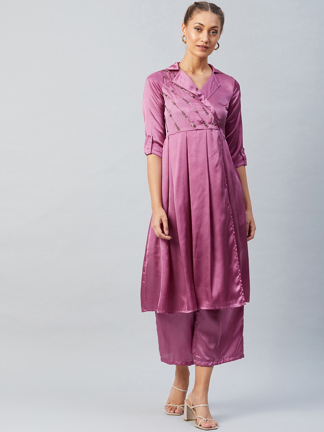 

Athena Women Purple Embroidered Pleated Kurta with Palazzos