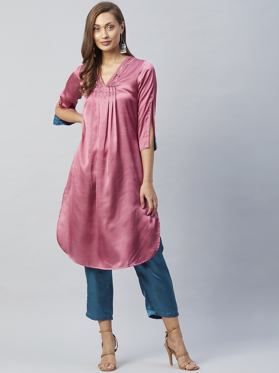 

Athena Women Pink & Teal Blue Pleated Kurta with Trousers