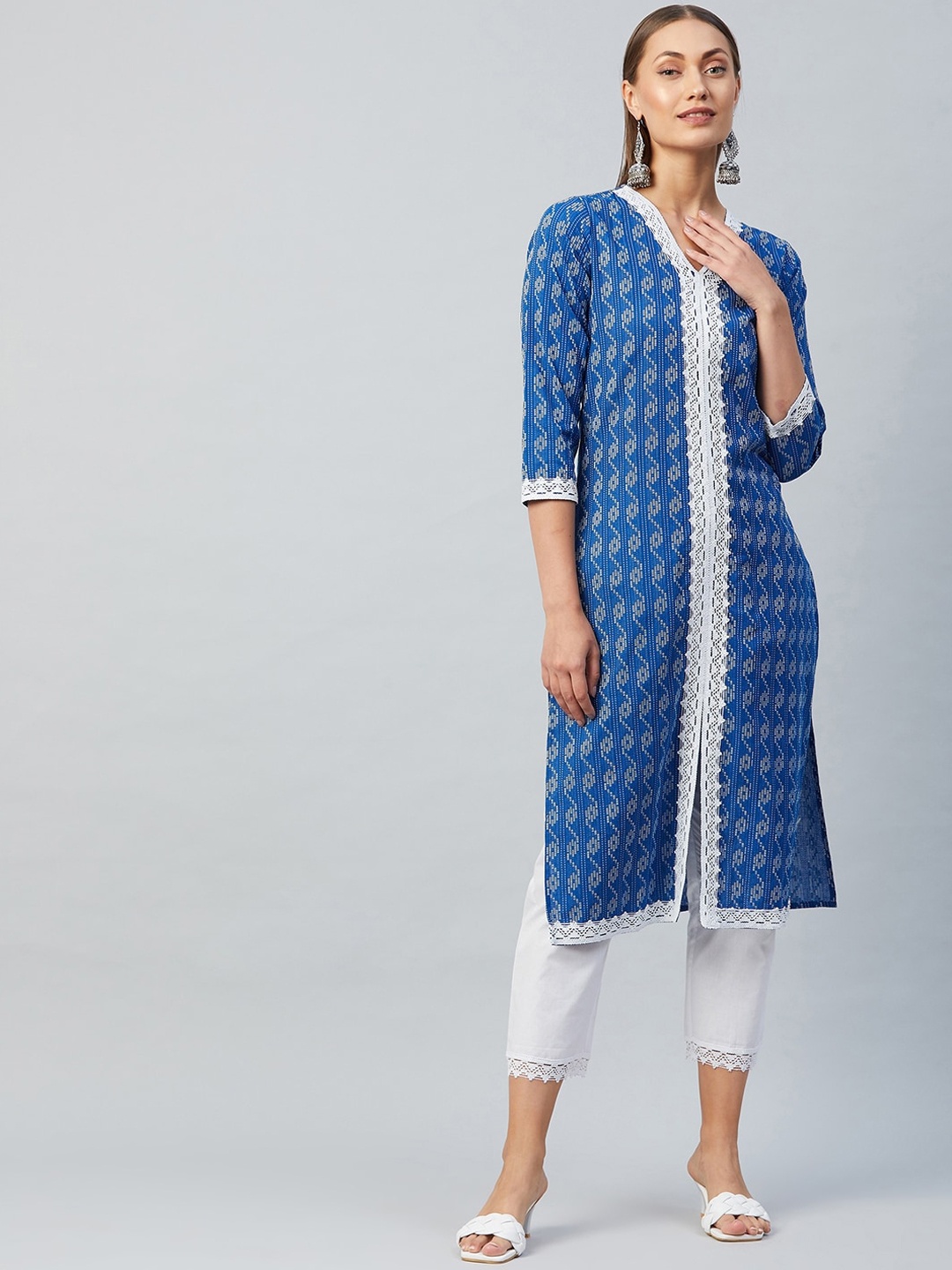 

Athena Women Blue Ethnic Motifs Panelled Pure Cotton Lace Kurta with Trousers