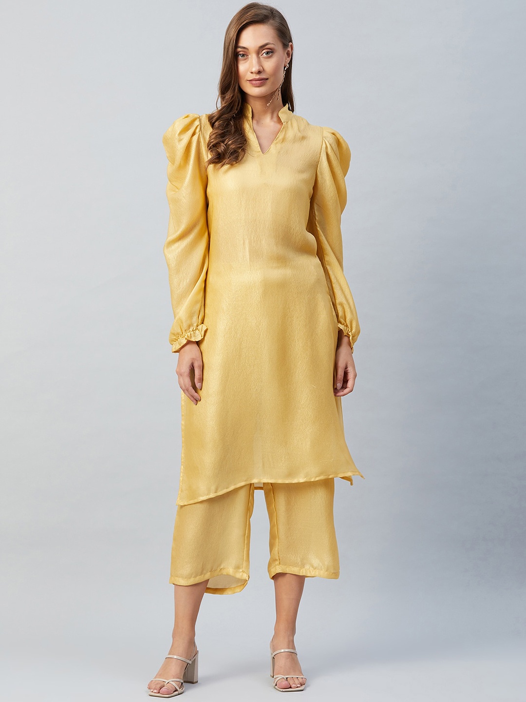 

Athena Women Yellow Solid Regular Silk Georgette Kurti with Trousers