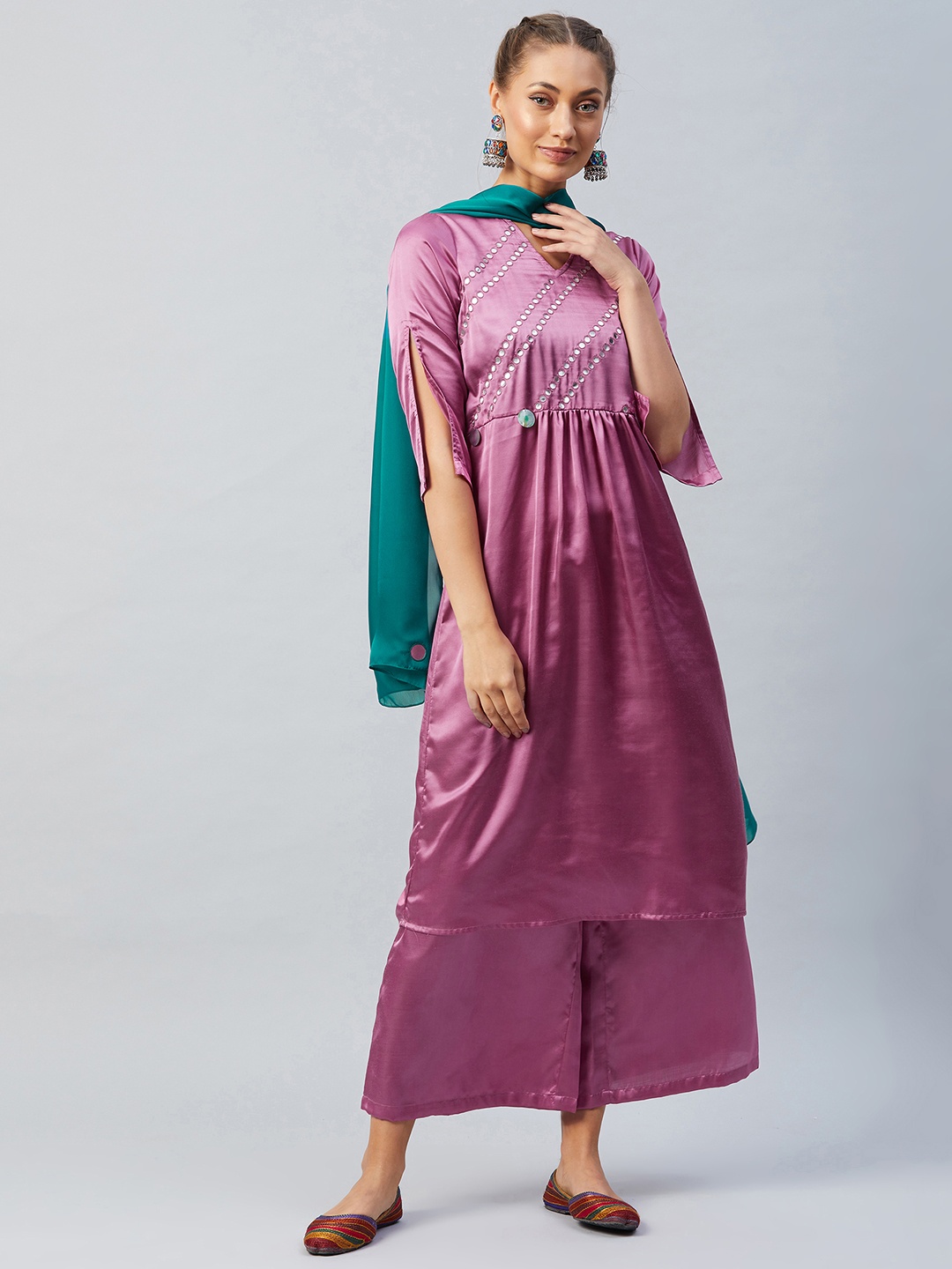

Athena Women Purple Pleated Mirror Work Kurta with Palazzos & Dupatta