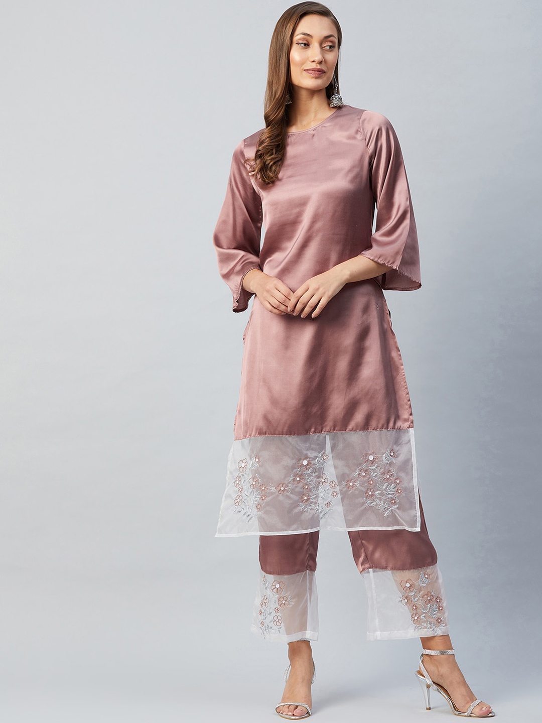 

Athena Women Brown & White Floral Embroidered Satin Panelled Kurta With Trousers