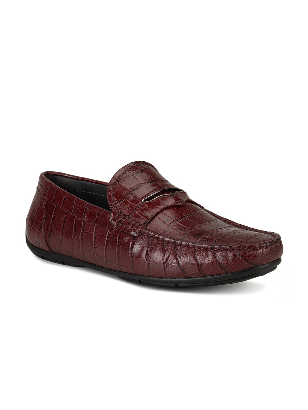 

ROSSO BRUNELLO Men Burgundy Textured Leather Driving Shoes