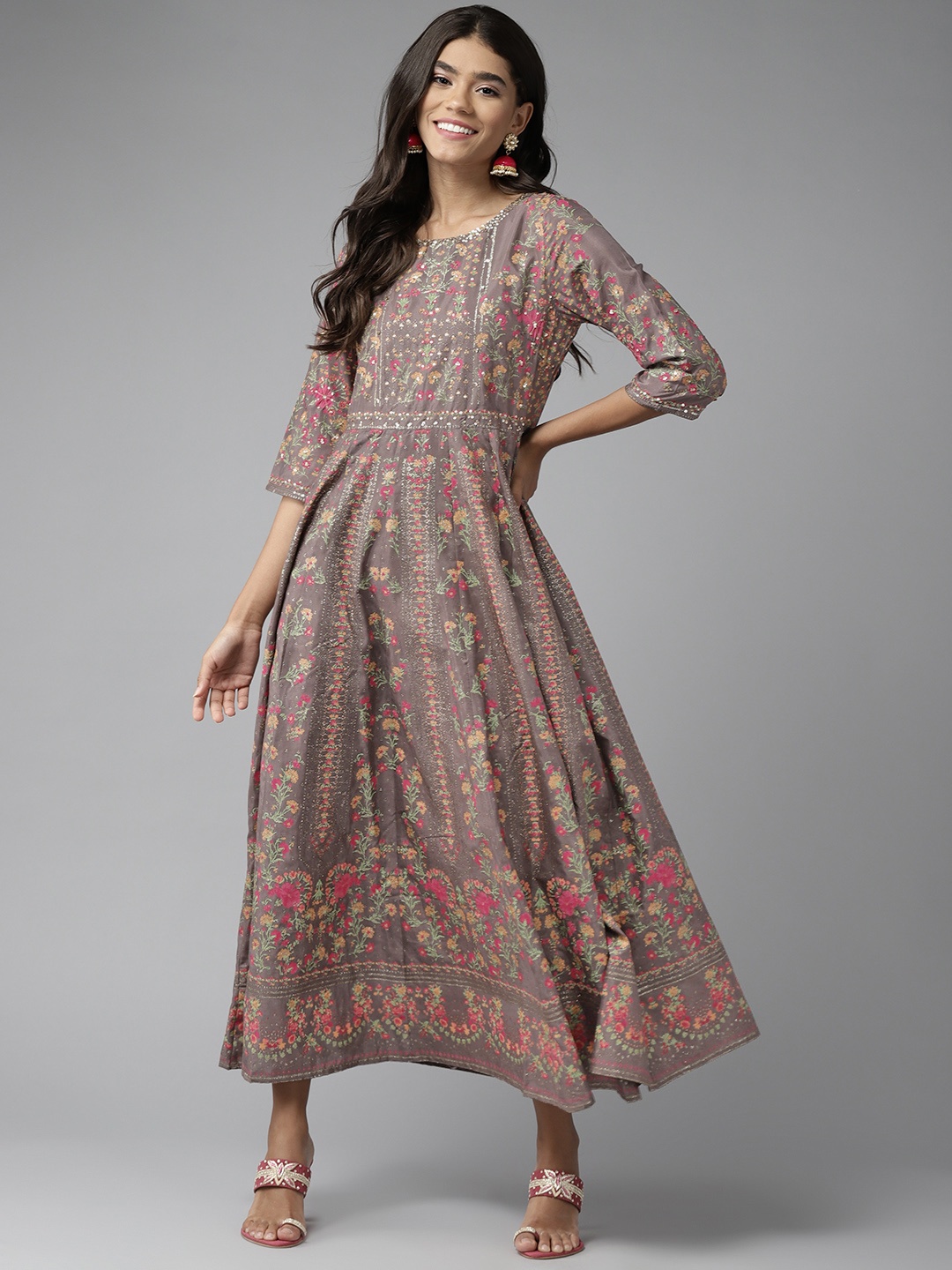

W Women Brown & Pink Ethnic Motifs Printed A-Line Maxi Dress